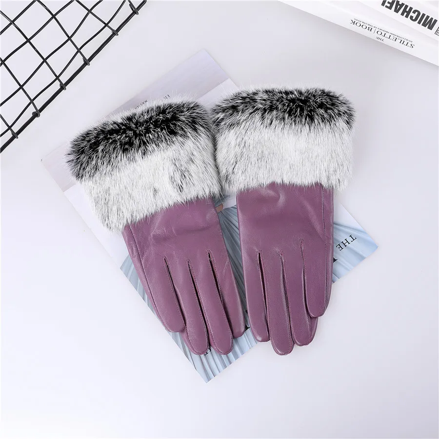 New Arrival Wholesale Women's Real Sheepskin Leather Gloves With Rabbit Fur Cuffs Female Cycling Warm Gloves Fleece Lining