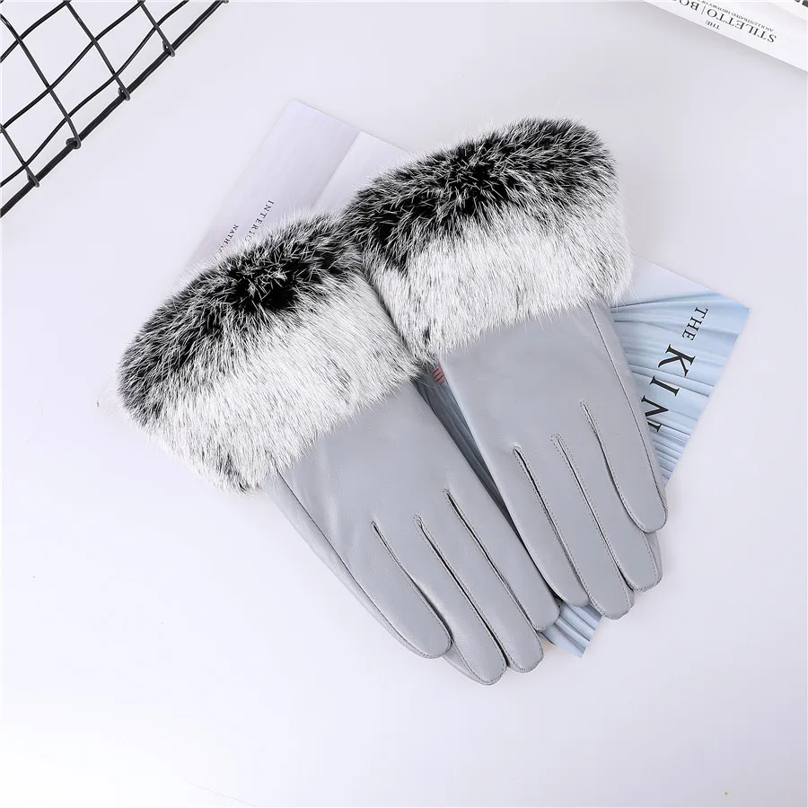 New Arrival Wholesale Women's Real Sheepskin Leather Gloves With Rabbit Fur Cuffs Female Cycling Warm Gloves Fleece Lining