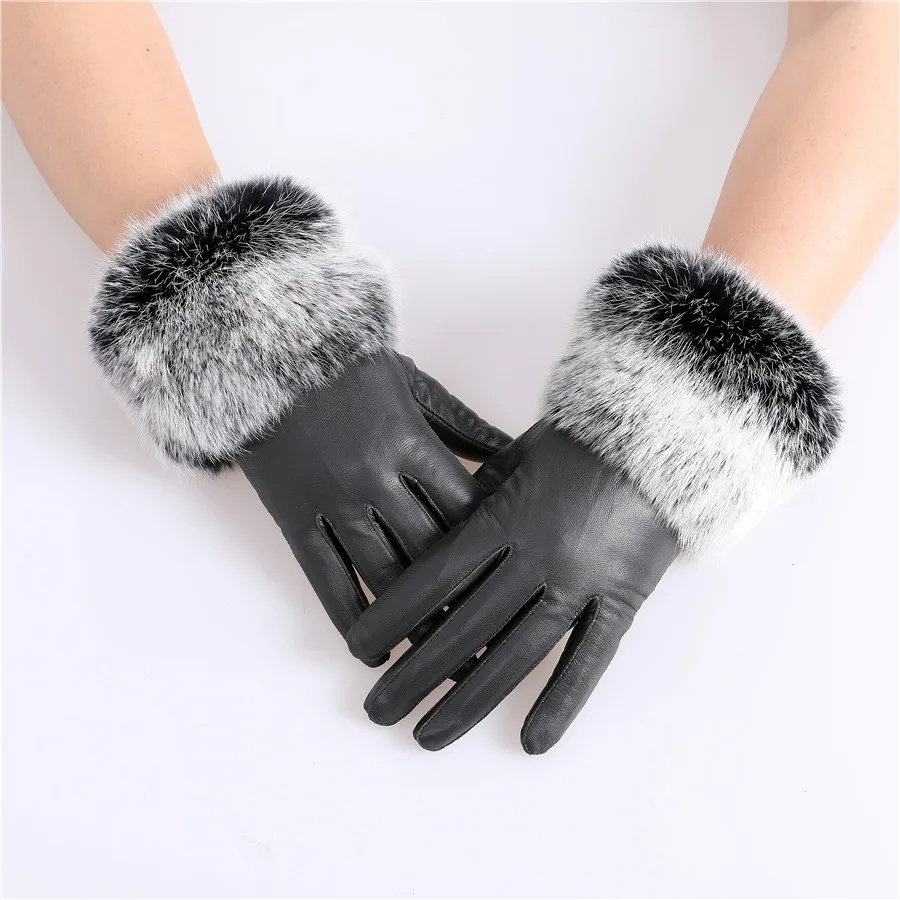 New Arrival Wholesale Women's Real Sheepskin Leather Gloves With Rabbit Fur Cuffs Female Cycling Warm Gloves Fleece Lining
