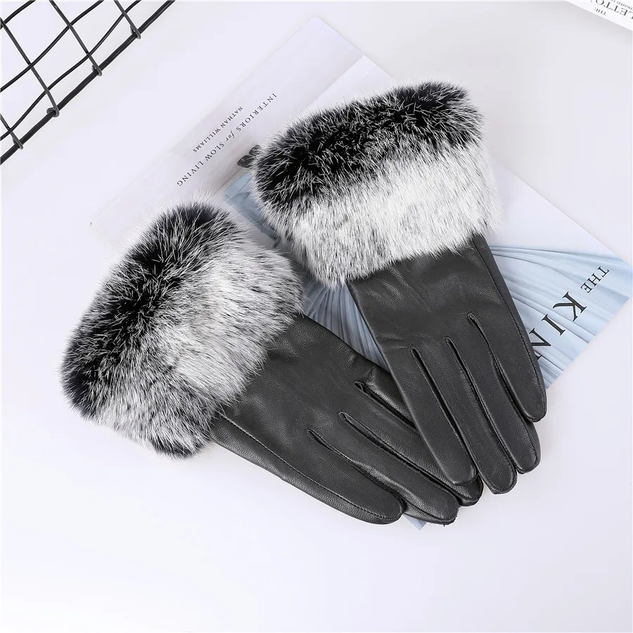 New Arrival Wholesale Women's Real Sheepskin Leather Gloves With Rabbit Fur Cuffs Female Cycling Warm Gloves Fleece Lining