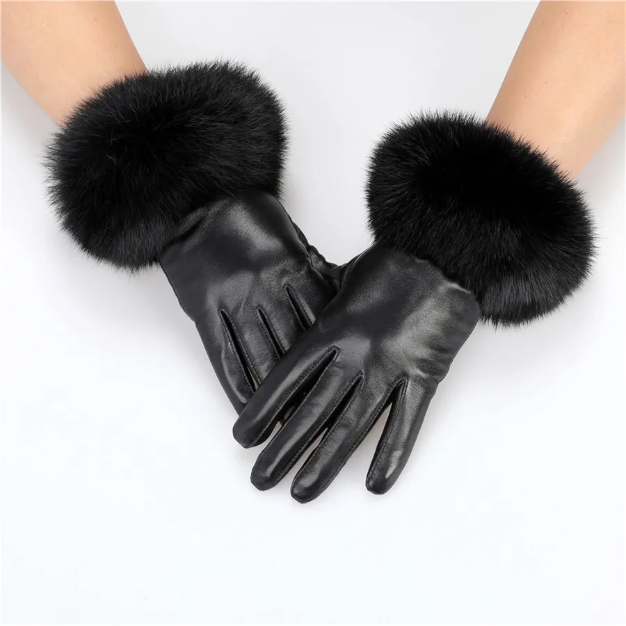 New Arrival Wholesale Women's Real Sheepskin Leather Gloves With Rabbit Fur Cuffs Female Cycling Warm Gloves Fleece Lining