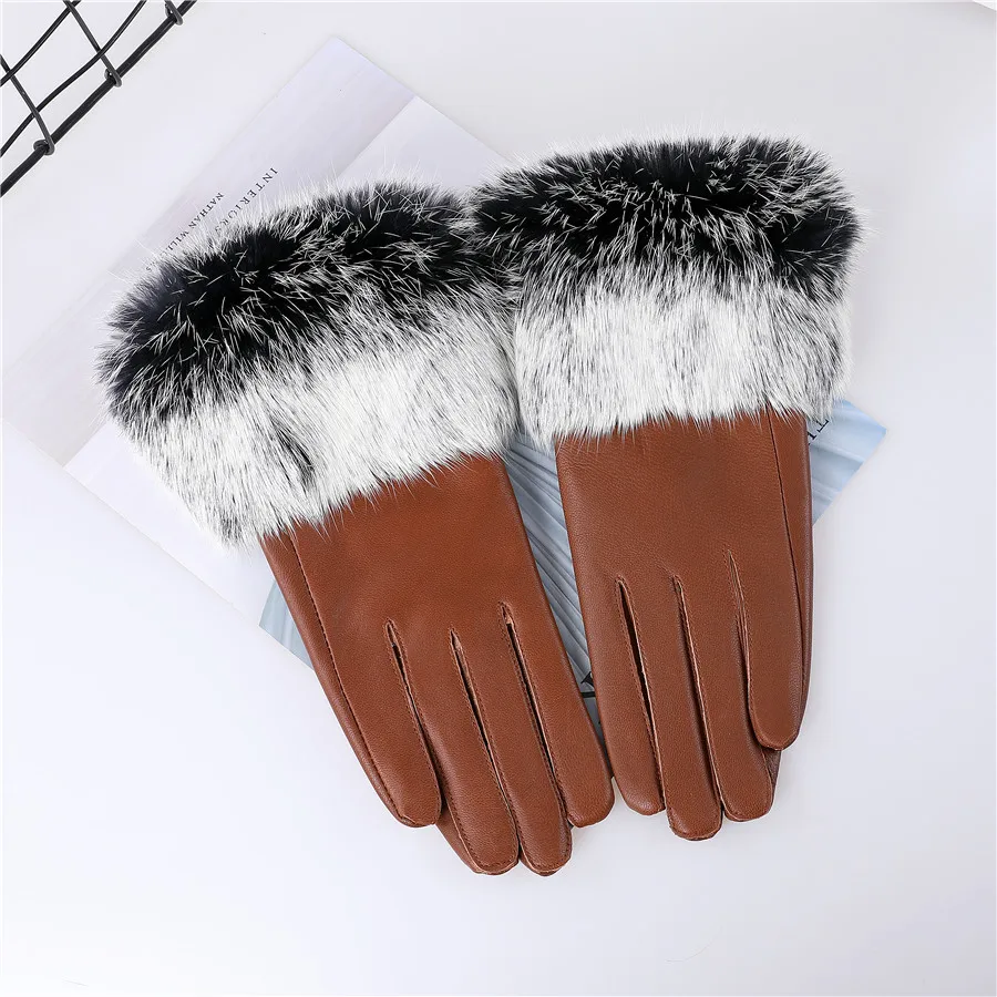 New Arrival Wholesale Women's Real Sheepskin Leather Gloves With Rabbit Fur Cuffs Female Cycling Warm Gloves Fleece Lining