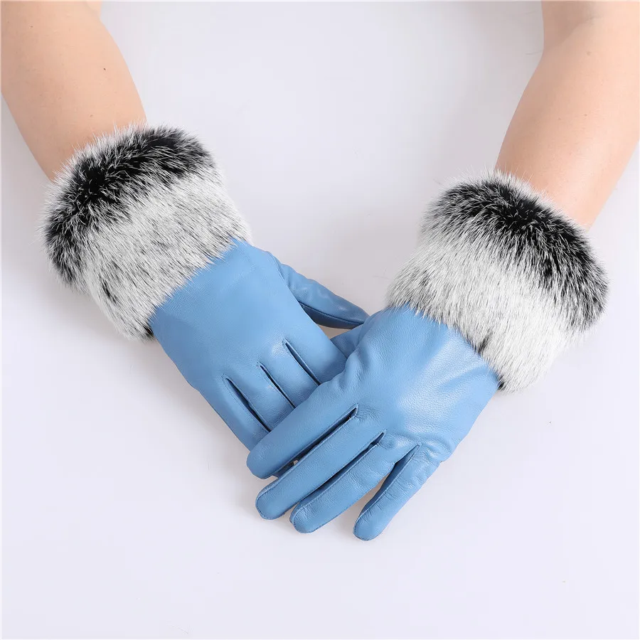 New Arrival Wholesale Women's Real Sheepskin Leather Gloves With Rabbit Fur Cuffs Female Cycling Warm Gloves Fleece Lining