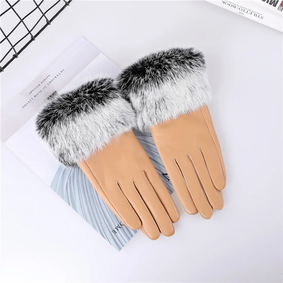 New Arrival Wholesale Women's Real Sheepskin Leather Gloves With Rabbit Fur Cuffs Female Cycling Warm Gloves Fleece Lining