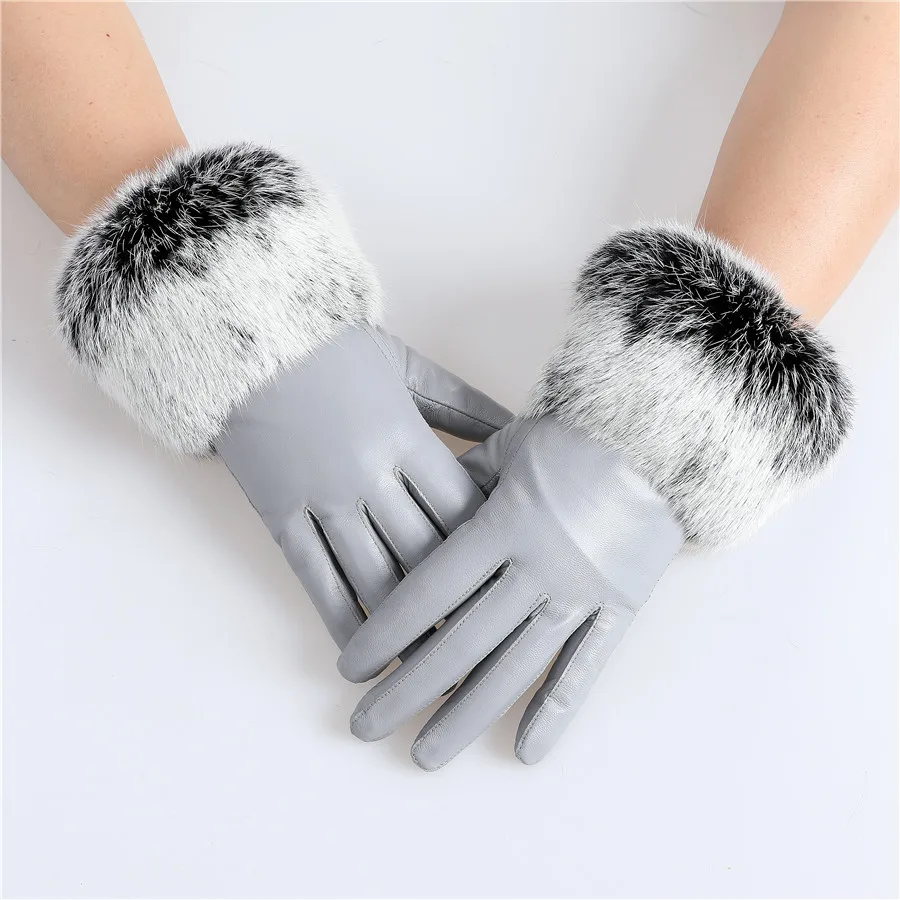 New Arrival Wholesale Women's Real Sheepskin Leather Gloves With Rabbit Fur Cuffs Female Cycling Warm Gloves Fleece Lining