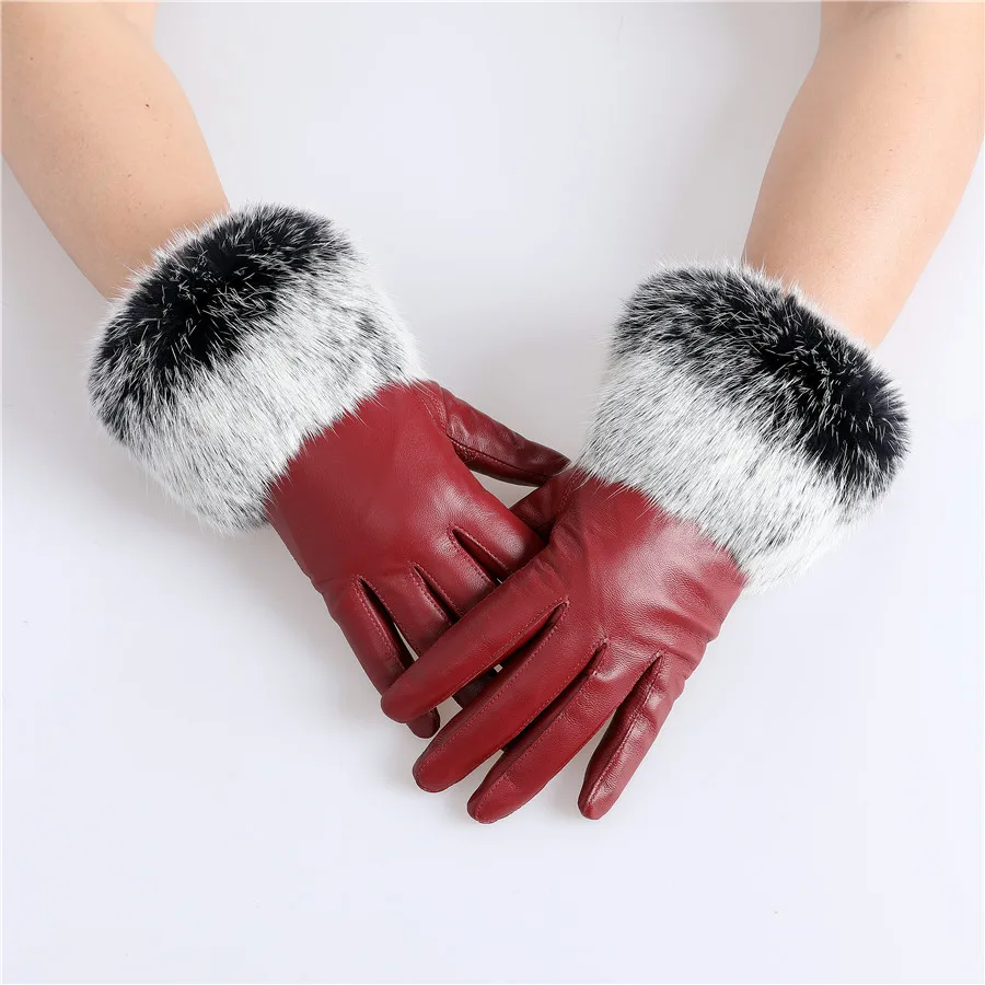 New Arrival Wholesale Women's Real Sheepskin Leather Gloves With Rabbit Fur Cuffs Female Cycling Warm Gloves Fleece Lining