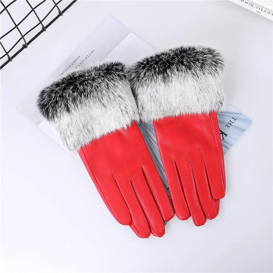 New Arrival Wholesale Women's Real Sheepskin Leather Gloves With Rabbit Fur Cuffs Female Cycling Warm Gloves Fleece Lining