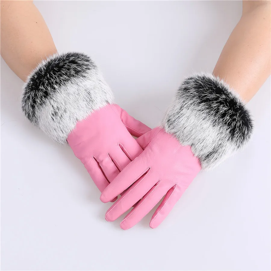 New Arrival Wholesale Women's Real Sheepskin Leather Gloves With Rabbit Fur Cuffs Female Cycling Warm Gloves Fleece Lining