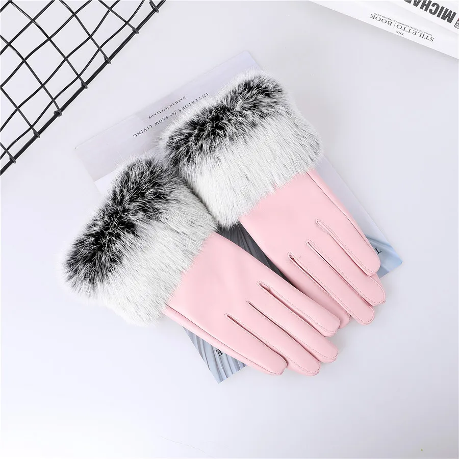New Arrival Wholesale Women's Real Sheepskin Leather Gloves With Rabbit Fur Cuffs Female Cycling Warm Gloves Fleece Lining