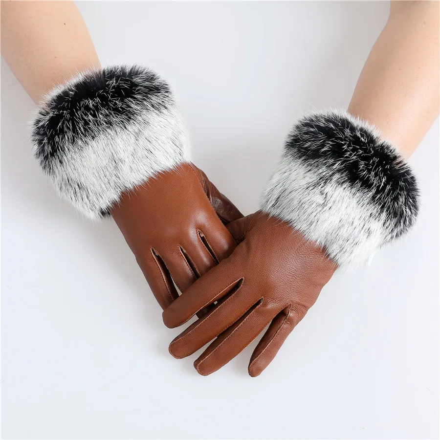 New Arrival Wholesale Women's Real Sheepskin Leather Gloves With Rabbit Fur Cuffs Female Cycling Warm Gloves Fleece Lining