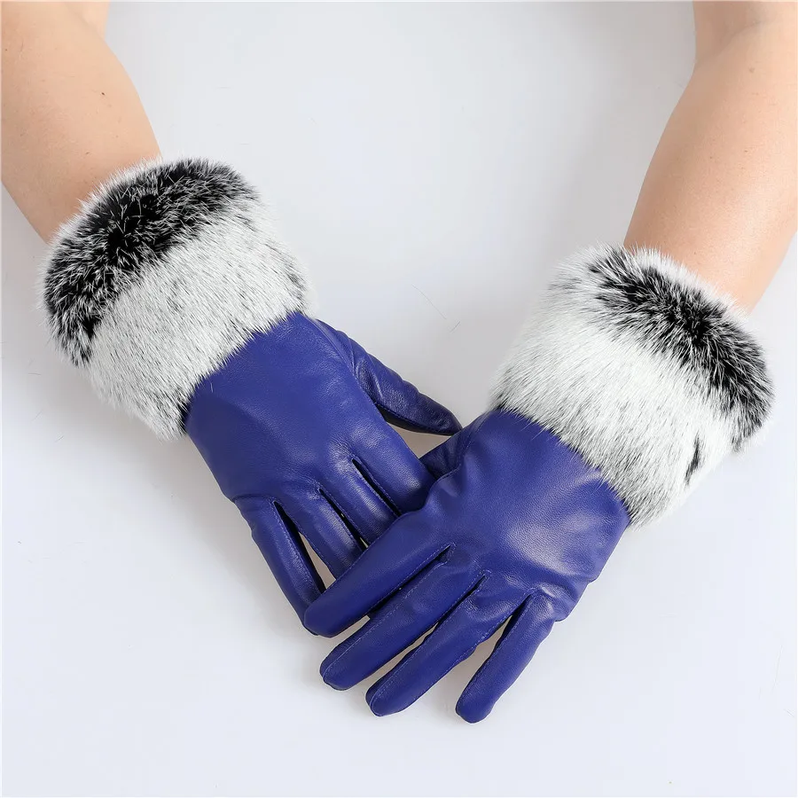 New Arrival Wholesale Women's Real Sheepskin Leather Gloves With Rabbit Fur Cuffs Female Cycling Warm Gloves Fleece Lining