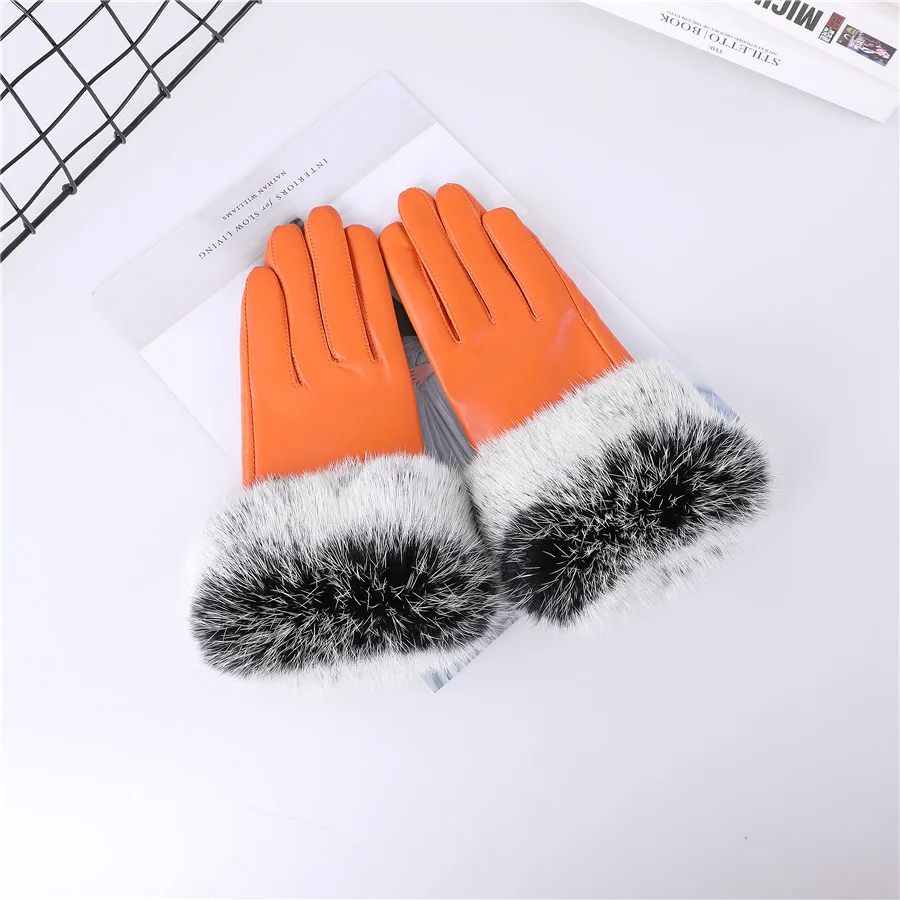 New Arrival Wholesale Women's Real Sheepskin Leather Gloves With Rabbit Fur Cuffs Female Cycling Warm Gloves Fleece Lining