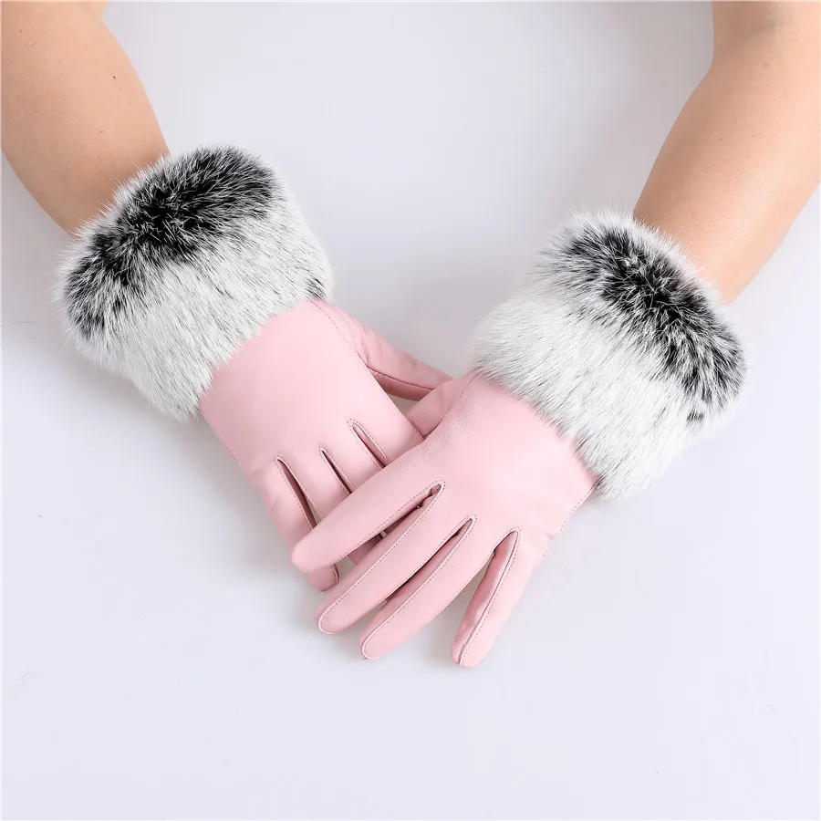 New Arrival Wholesale Women's Real Sheepskin Leather Gloves With Rabbit Fur Cuffs Female Cycling Warm Gloves Fleece Lining