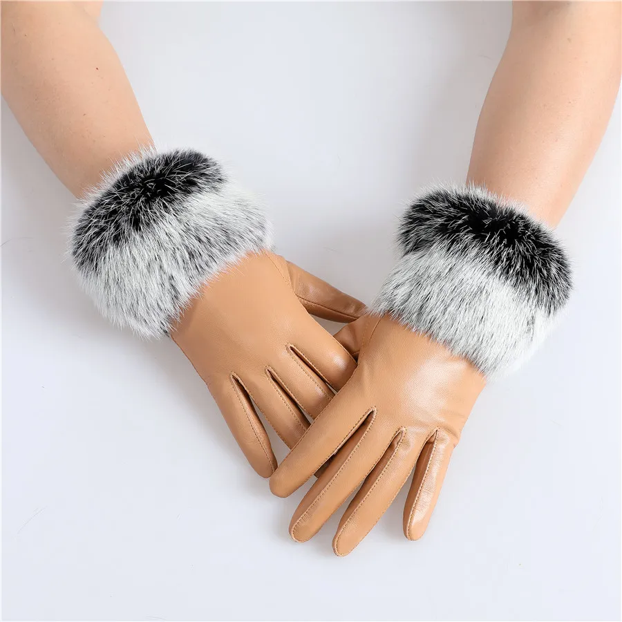 New Arrival Wholesale Women's Real Sheepskin Leather Gloves With Rabbit Fur Cuffs Female Cycling Warm Gloves Fleece Lining