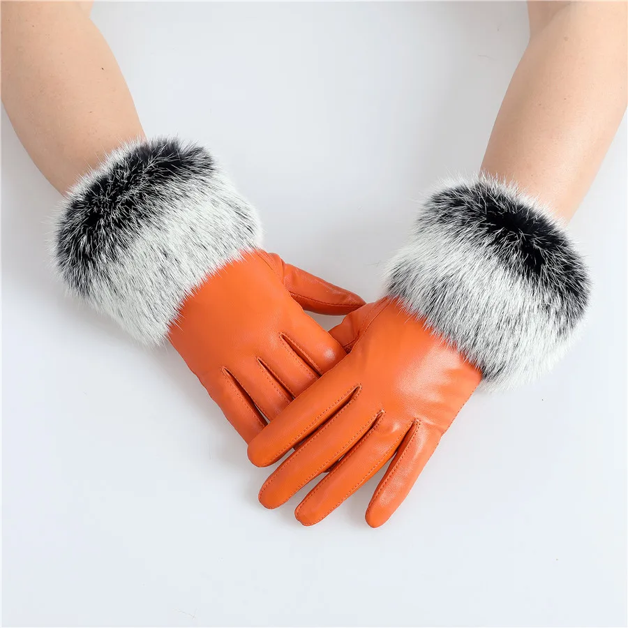 New Arrival Wholesale Women's Real Sheepskin Leather Gloves With Rabbit Fur Cuffs Female Cycling Warm Gloves Fleece Lining