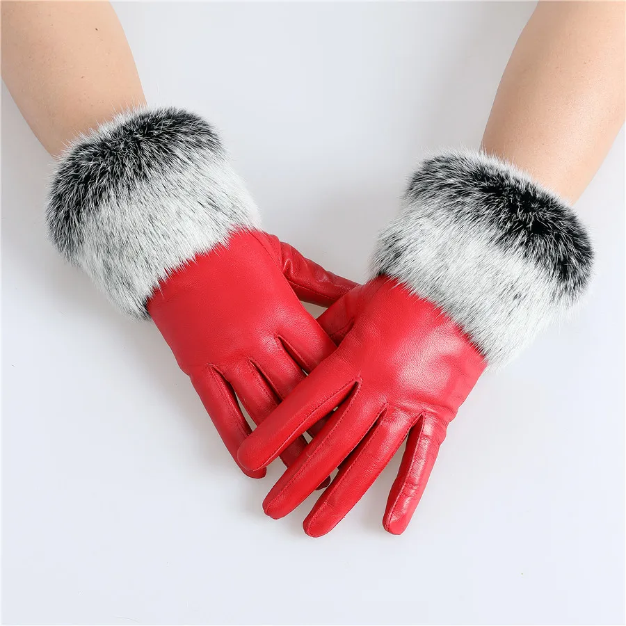 New Arrival Wholesale Women's Real Sheepskin Leather Gloves With Rabbit Fur Cuffs Female Cycling Warm Gloves Fleece Lining