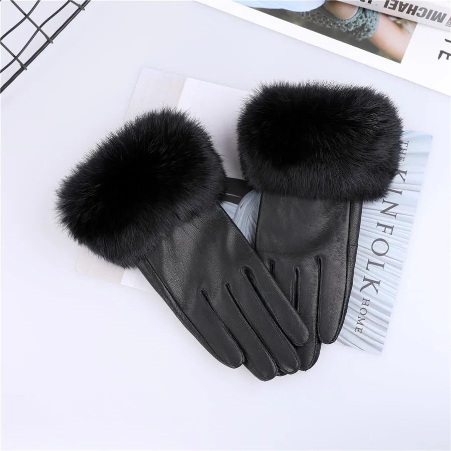 New Arrival Wholesale Women's Real Sheepskin Leather Gloves With Rabbit Fur Cuffs Female Cycling Warm Gloves Fleece Lining