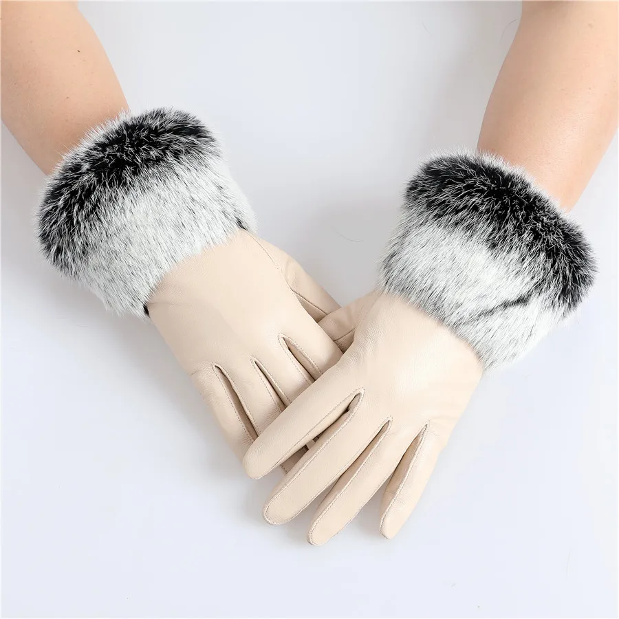 New Arrival Wholesale Women's Real Sheepskin Leather Gloves With Rabbit Fur Cuffs Female Cycling Warm Gloves Fleece Lining
