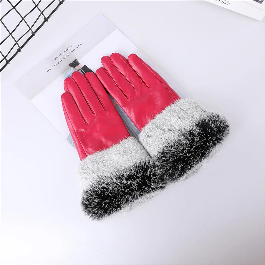 New Arrival Wholesale Women's Real Sheepskin Leather Gloves With Rabbit Fur Cuffs Female Cycling Warm Gloves Fleece Lining