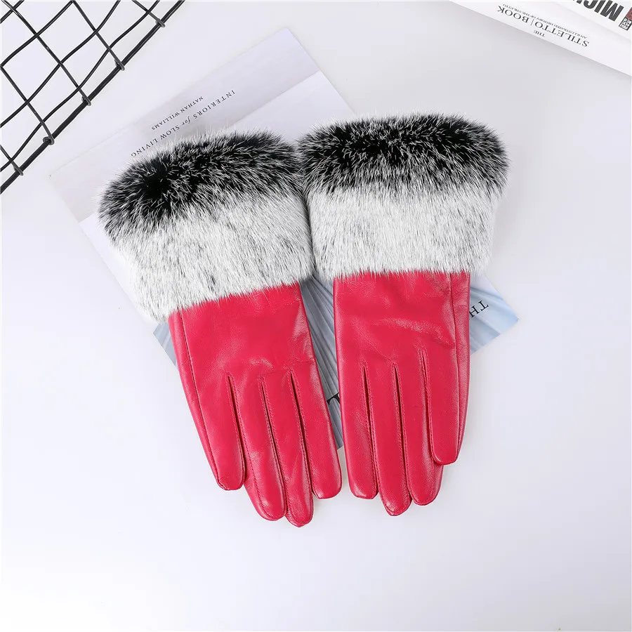 New Arrival Wholesale Women's Real Sheepskin Leather Gloves With Rabbit Fur Cuffs Female Cycling Warm Gloves Fleece Lining