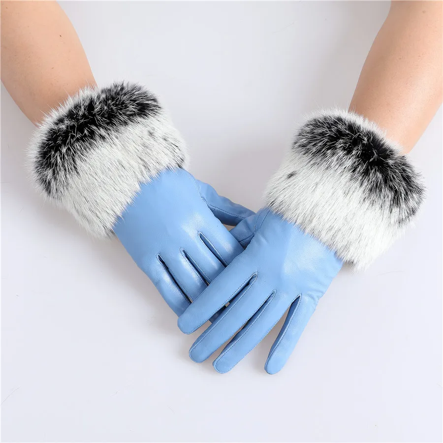 New Arrival Wholesale Women's Real Sheepskin Leather Gloves With Rabbit Fur Cuffs Female Cycling Warm Gloves Fleece Lining