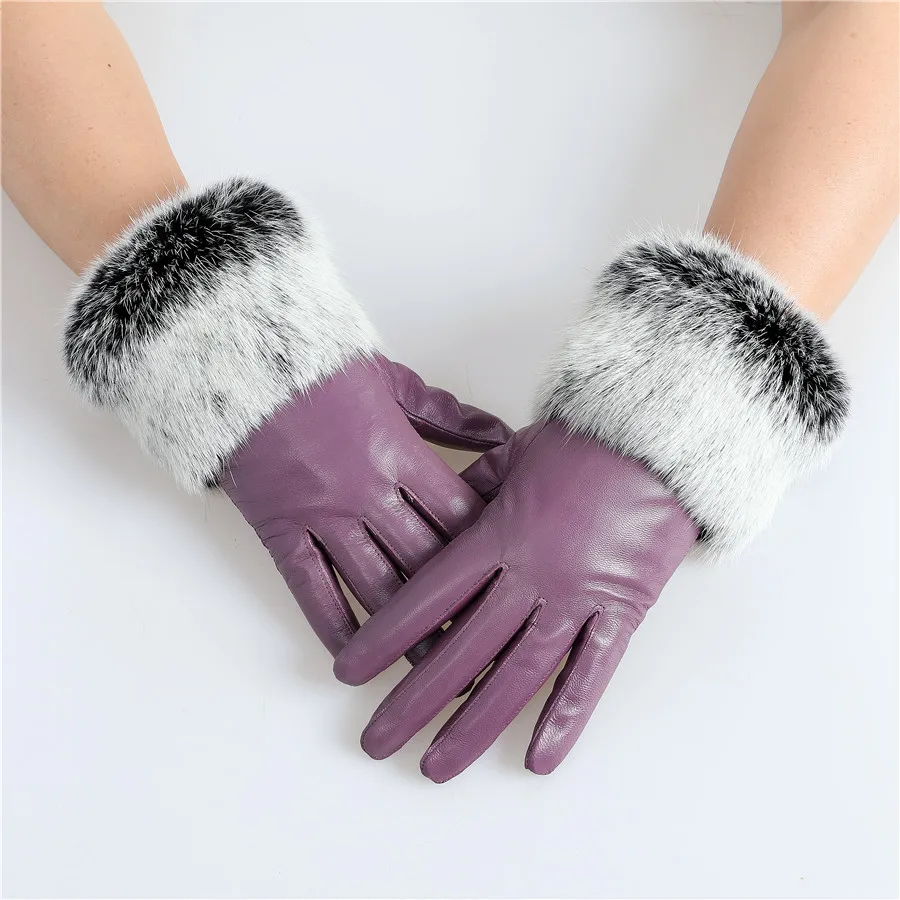 New Arrival Wholesale Women's Real Sheepskin Leather Gloves With Rabbit Fur Cuffs Female Cycling Warm Gloves Fleece Lining