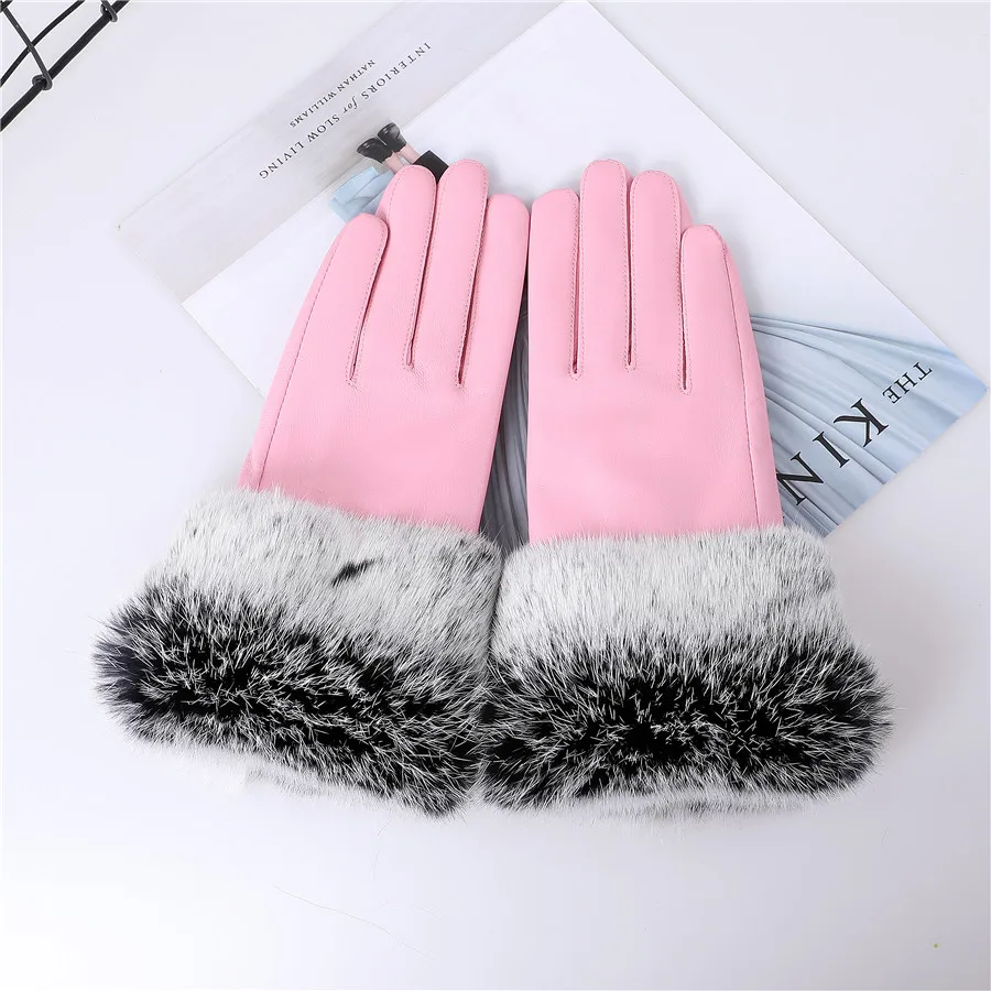 New Arrival Wholesale Women's Real Sheepskin Leather Gloves With Rabbit Fur Cuffs Female Cycling Warm Gloves Fleece Lining