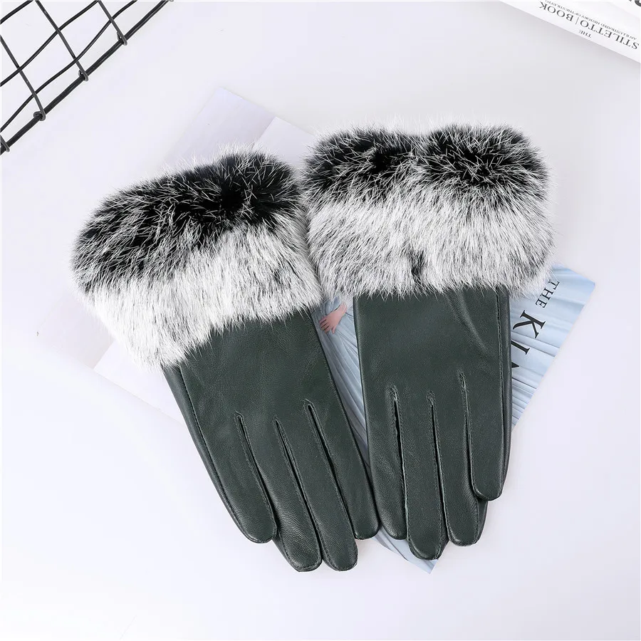 New Arrival Wholesale Women's Real Sheepskin Leather Gloves With Rabbit Fur Cuffs Female Cycling Warm Gloves Fleece Lining
