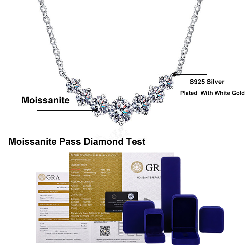 Full Moissanite Diamond Necklace for Women 925 Sterling Sliver with Plated White Gold Neck Pendent Wedding Fine Jewely