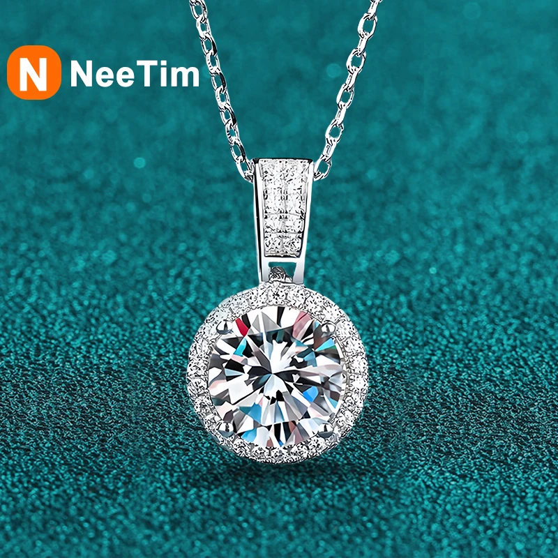 NeeTim 1Carat 2Carat Moissanite Necklace For Women Sterling S925 Silver With White Gold Plated Sparkling Jewelry Wedding Pendant