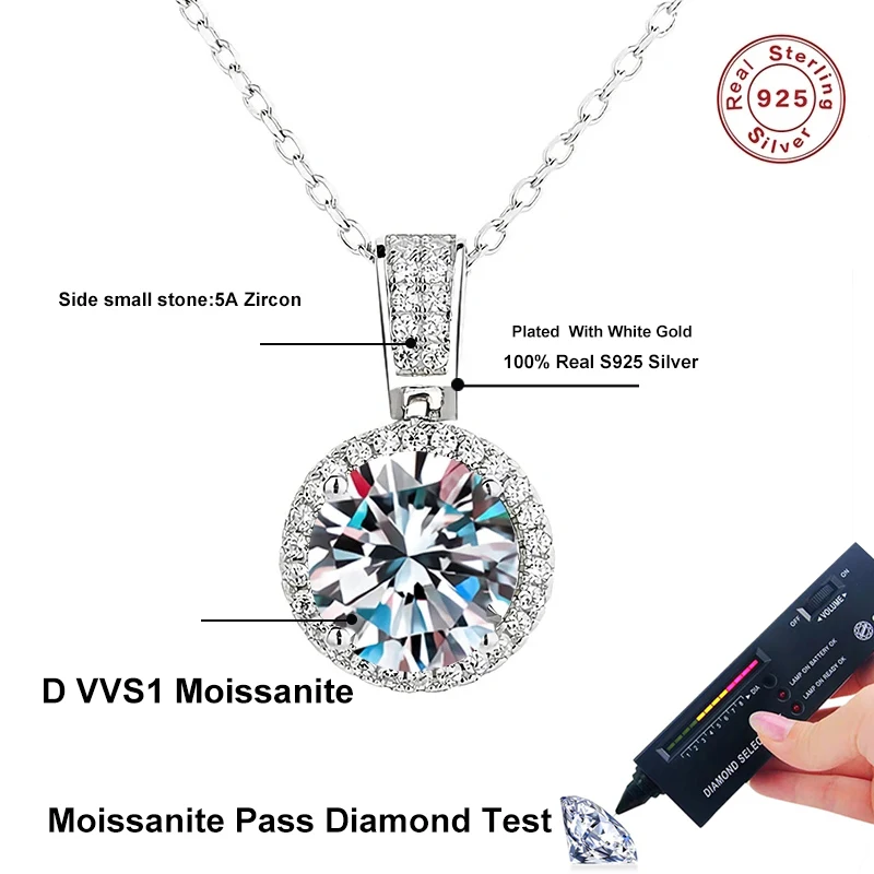 NeeTim 1Carat 2Carat Moissanite Necklace For Women Sterling S925 Silver With White Gold Plated Sparkling Jewelry Wedding Pendant