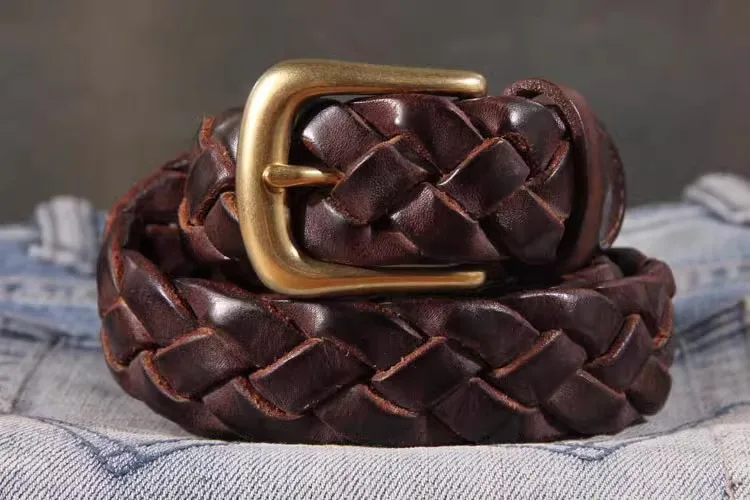 New Luxury Designer Handmade Genuine Leather Women's Belt Jeans Casual Dress Brass Buckle Ladies Trendy Belts Fashion Waistband