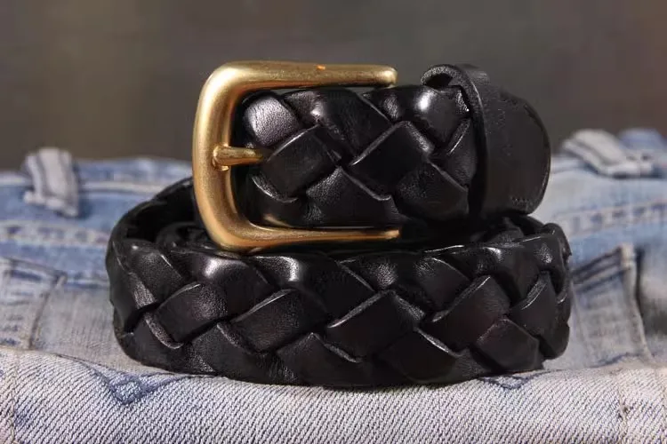 New Luxury Designer Handmade Genuine Leather Women's Belt Jeans Casual Dress Brass Buckle Ladies Trendy Belts Fashion Waistband