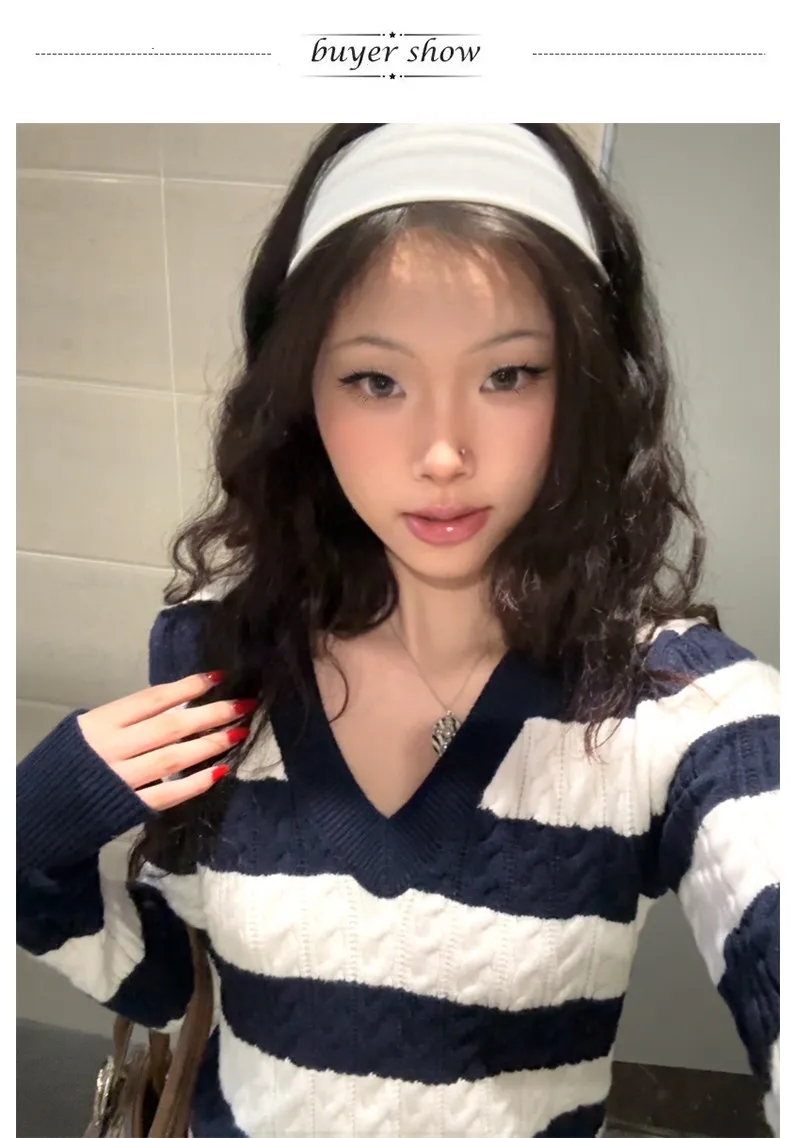 Karrram Japanese Y2k V-neck Striped Sweater Vintage Harajuku Knit Slim Pullovers Korean Style Winter Knitwear 2000s Aesthetics