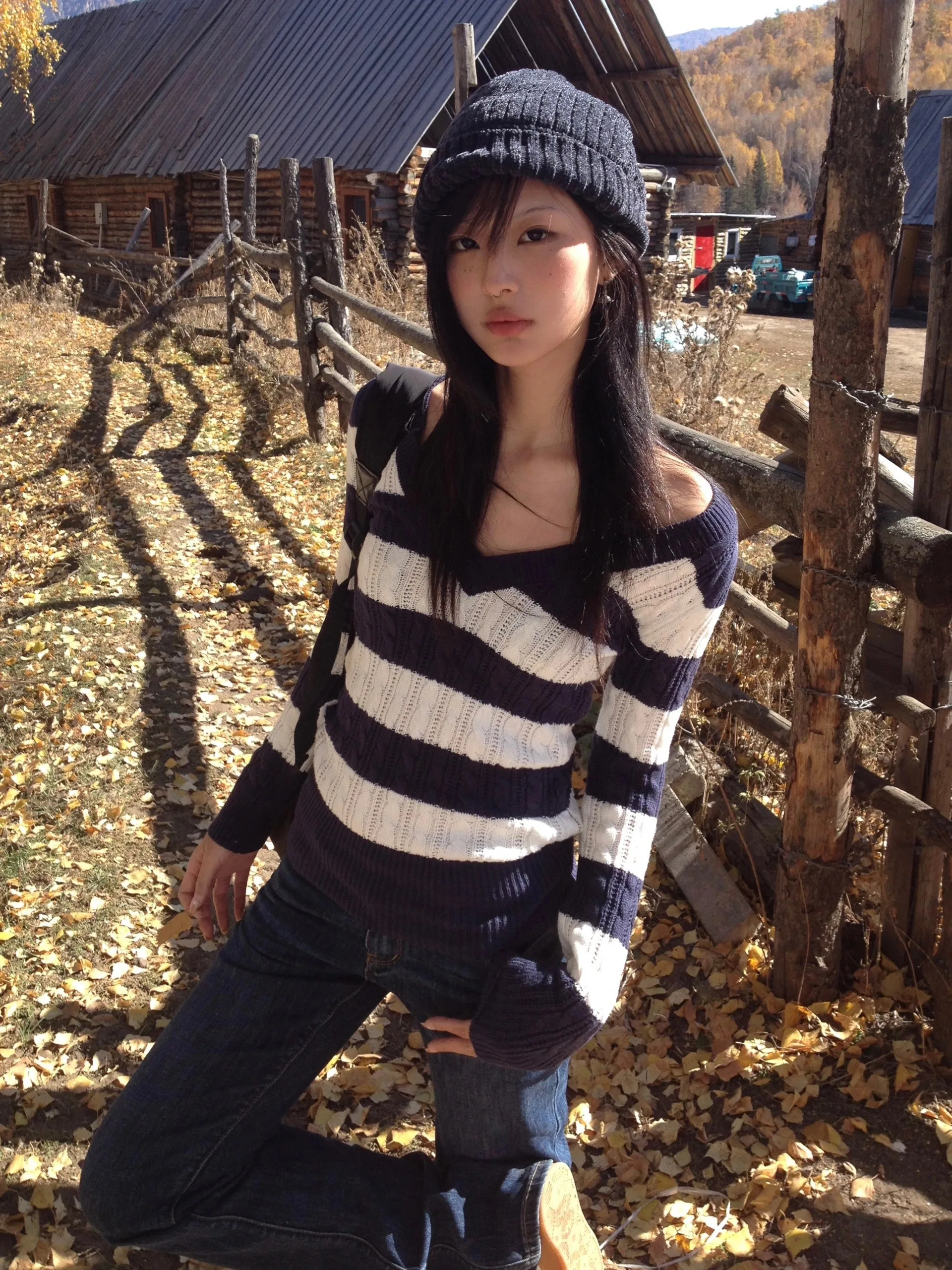 Karrram Japanese Y2k V-neck Striped Sweater Vintage Harajuku Knit Slim Pullovers Korean Style Winter Knitwear 2000s Aesthetics
