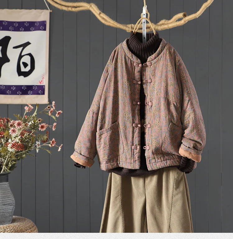 High Quality Cotton Quilted Coats Women New 2024 Autumn Winter Vintage Style Floral Print Female Thick Padded Jackets M078