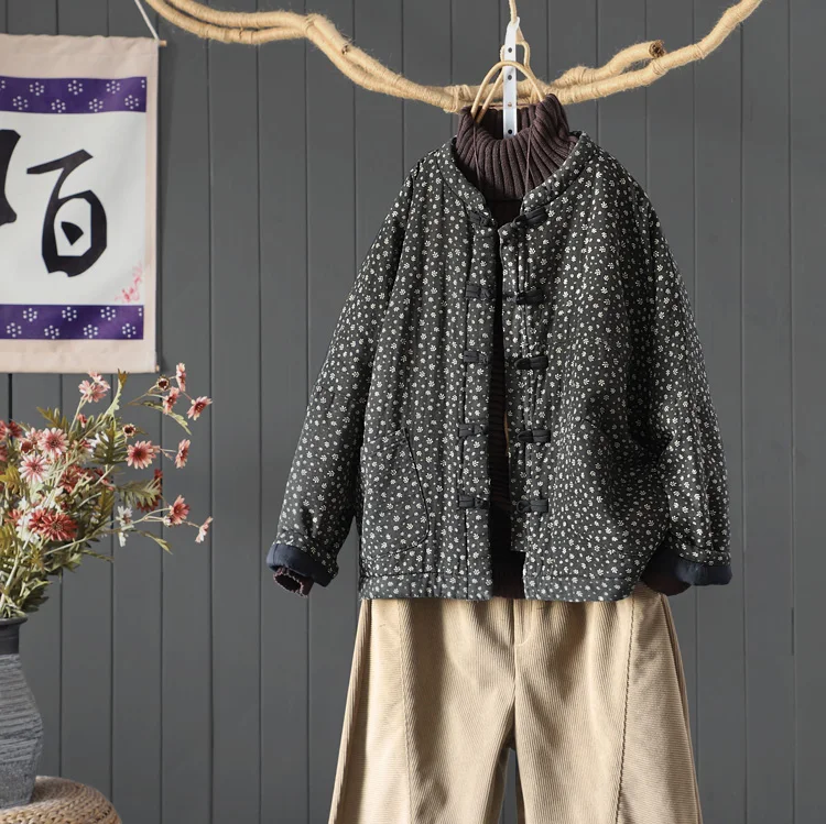 High Quality Cotton Quilted Coats Women New 2024 Autumn Winter Vintage Style Floral Print Female Thick Padded Jackets M078