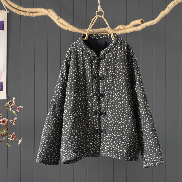 High Quality Cotton Quilted Coats Women New 2024 Autumn Winter Vintage Style Floral Print Female Thick Padded Jackets M078