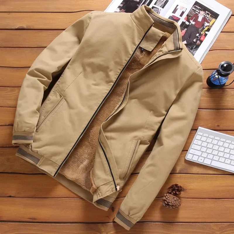 Autumn And Winter New Men's Fashion Aviator Jacket Fleece Thickened Warm Baseball Jacket Solid Color Zipper Large Size Top M-5XL