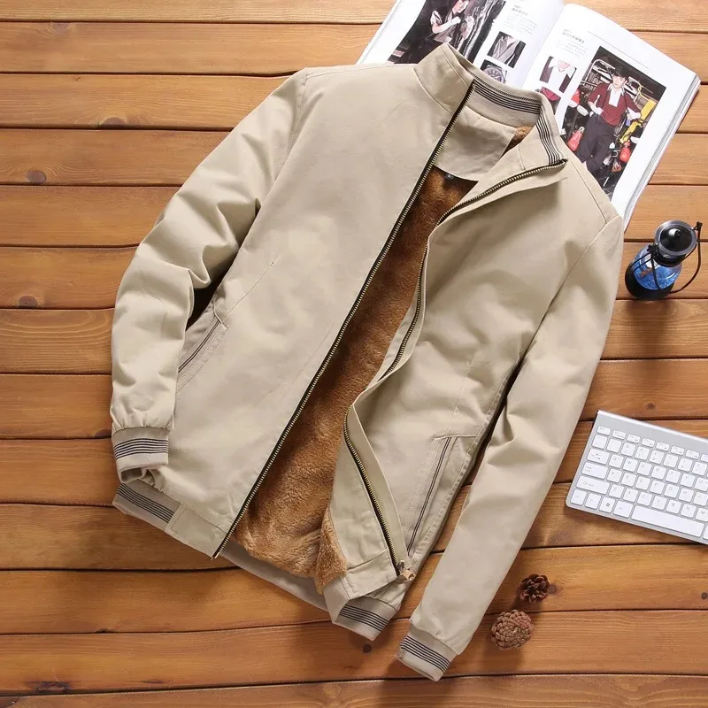 Autumn And Winter New Men's Fashion Aviator Jacket Fleece Thickened Warm Baseball Jacket Solid Color Zipper Large Size Top M-5XL