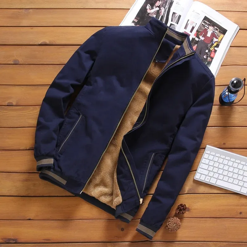 Autumn And Winter New Men's Fashion Aviator Jacket Fleece Thickened Warm Baseball Jacket Solid Color Zipper Large Size Top M-5XL