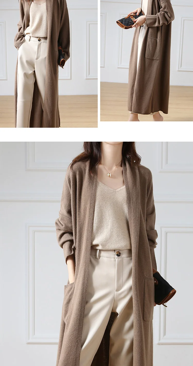 Hot Sale Autumn Winter New 100% Wool Cardigan Sweater Women's V-Neck Solid Fashion Long Female Loose Soft Knit Large Size Coat