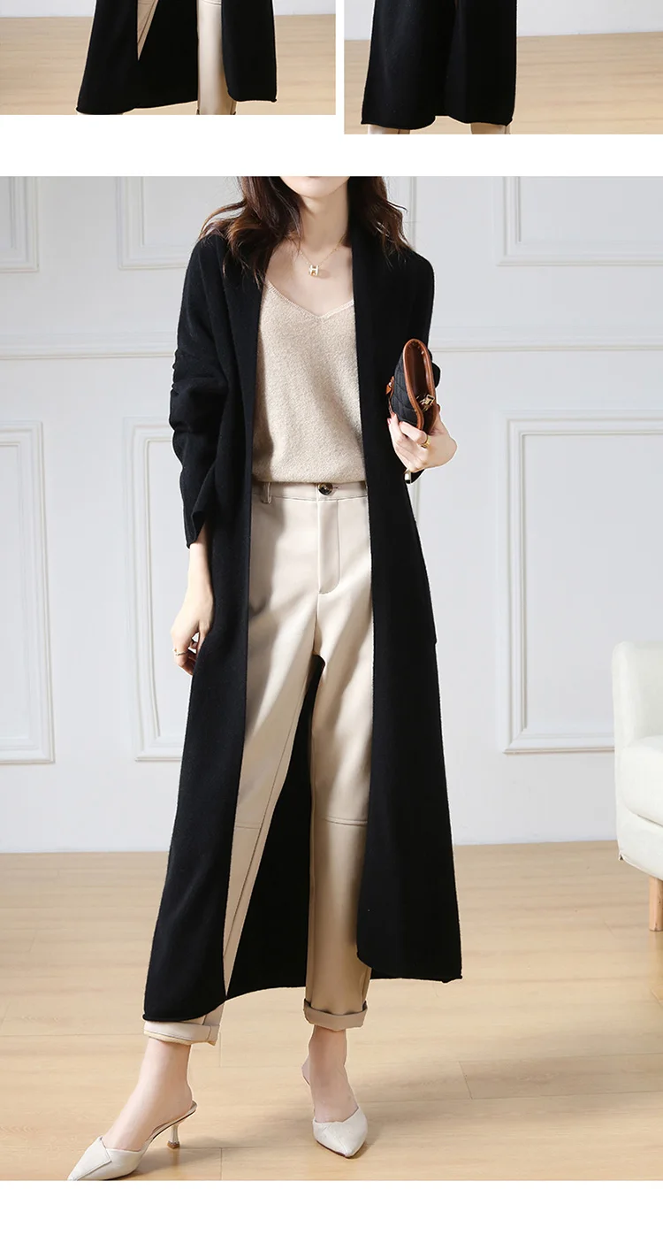 Hot Sale Autumn Winter New 100% Wool Cardigan Sweater Women's V-Neck Solid Fashion Long Female Loose Soft Knit Large Size Coat