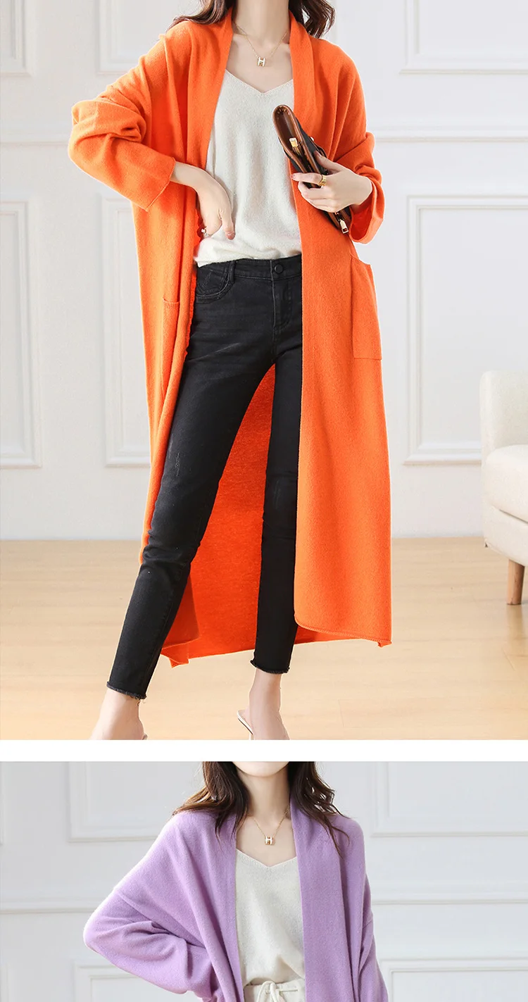 Hot Sale Autumn Winter New 100% Wool Cardigan Sweater Women's V-Neck Solid Fashion Long Female Loose Soft Knit Large Size Coat