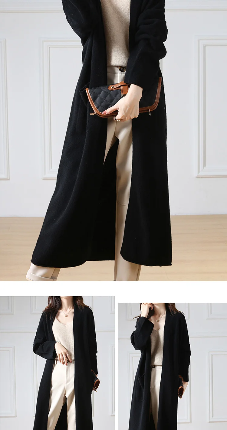 Hot Sale Autumn Winter New 100% Wool Cardigan Sweater Women's V-Neck Solid Fashion Long Female Loose Soft Knit Large Size Coat