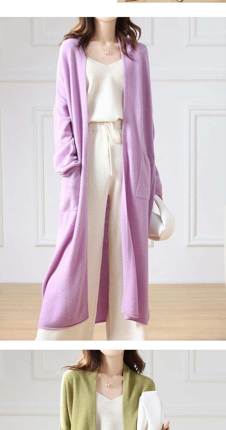 Hot Sale Autumn Winter New 100% Wool Cardigan Sweater Women's V-Neck Solid Fashion Long Female Loose Soft Knit Large Size Coat