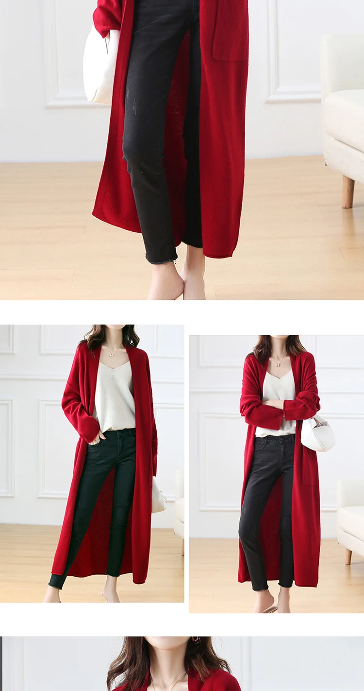 Hot Sale Autumn Winter New 100% Wool Cardigan Sweater Women's V-Neck Solid Fashion Long Female Loose Soft Knit Large Size Coat