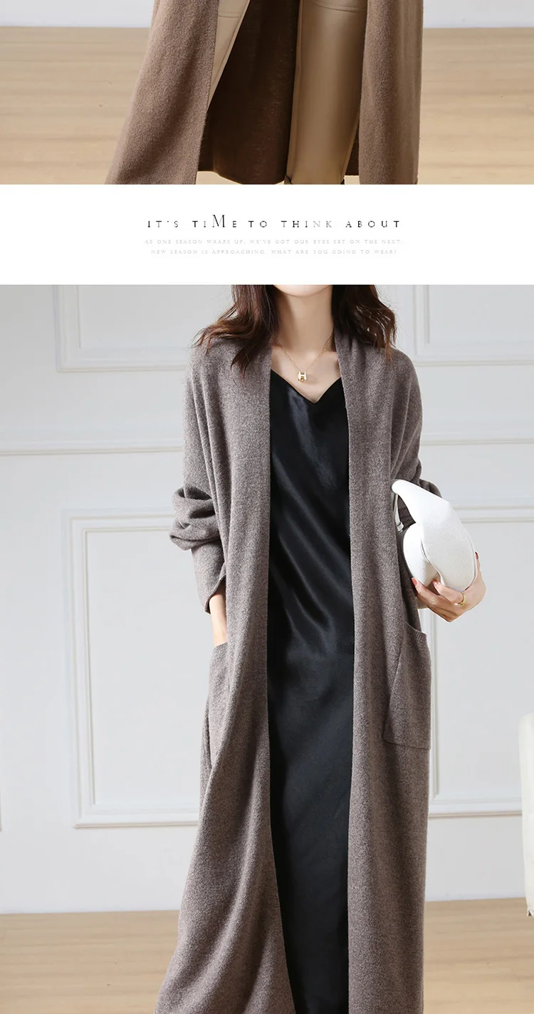 Hot Sale Autumn Winter New 100% Wool Cardigan Sweater Women's V-Neck Solid Fashion Long Female Loose Soft Knit Large Size Coat
