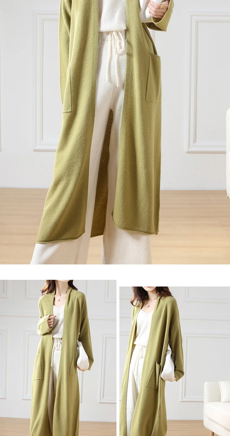Hot Sale Autumn Winter New 100% Wool Cardigan Sweater Women's V-Neck Solid Fashion Long Female Loose Soft Knit Large Size Coat