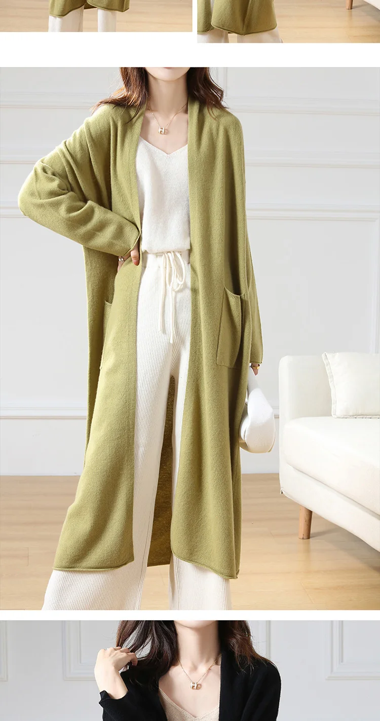 Hot Sale Autumn Winter New 100% Wool Cardigan Sweater Women's V-Neck Solid Fashion Long Female Loose Soft Knit Large Size Coat